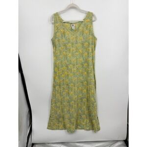 Anokhi Floral Block Print Midi Dress Womens 14 Green Yellow Cotton Sleeveless